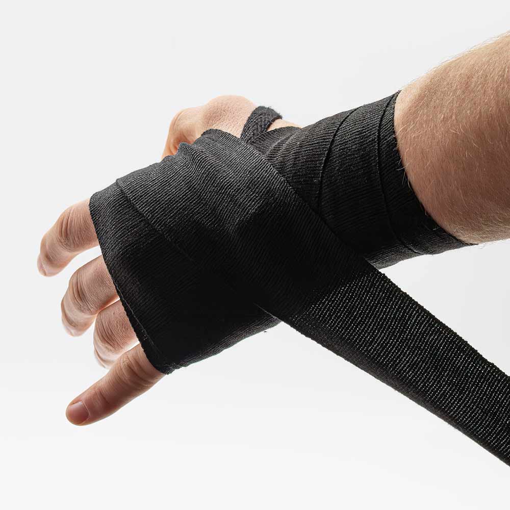 Intermediate stage of wrapping the hand wraps, viewed from the back of the hand.