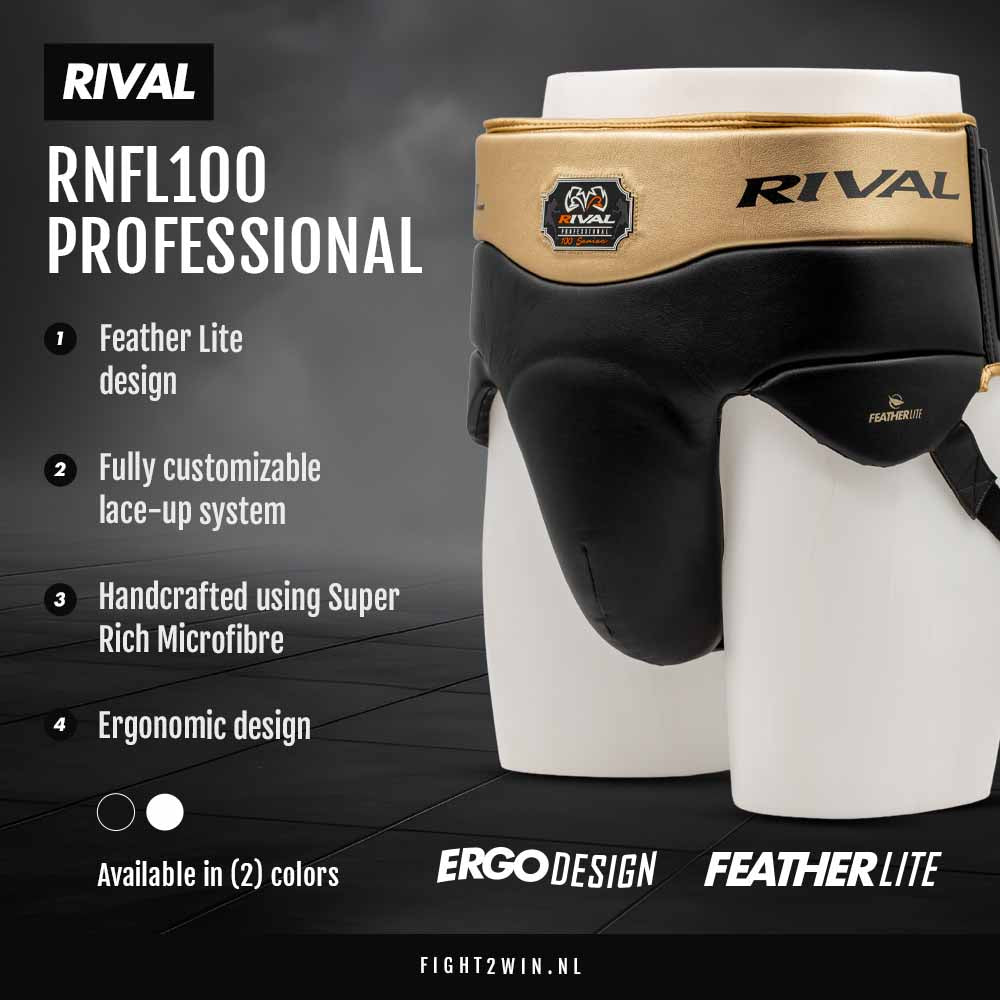 Skridtbeskytter Boksning Rival RNFL100 Professional Sort-Guld infographic 1