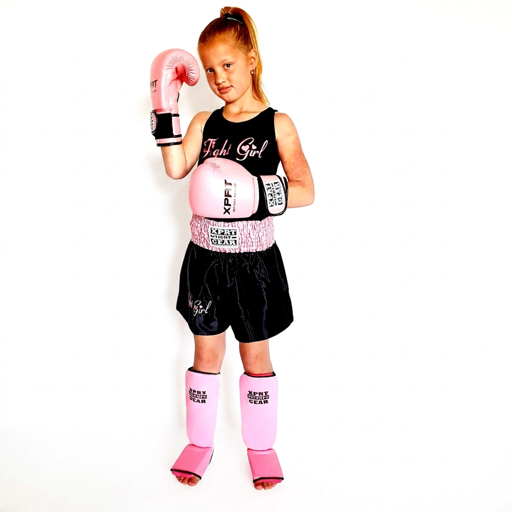 Meisje met roze XPRT-bokshandschoenen en scheenbeschermers, een zwart Fight Girl-topje en een zwart-roze kickboksbroekje.